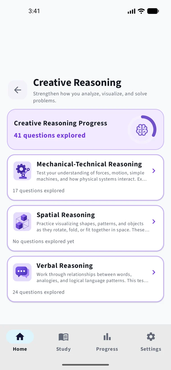 Creative Reasoning topics: Mechanical-Technical, Spatial, and Verbal Reasoning