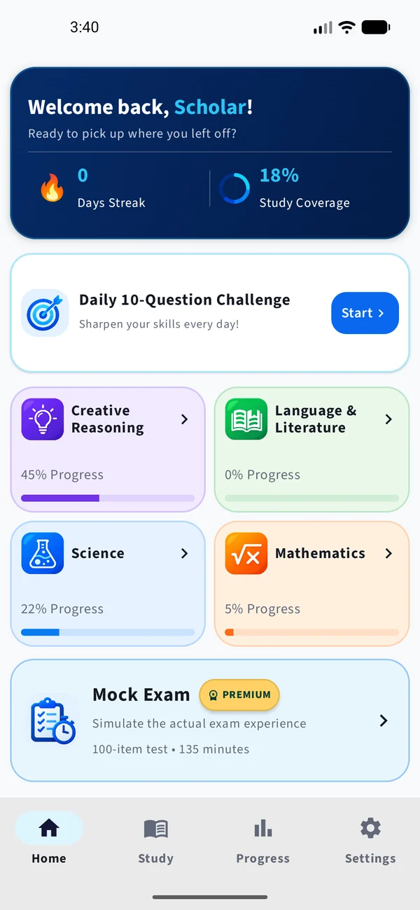 SciScholar home screen with the Daily 10-Question Challenge, four subjects, and the mock exam