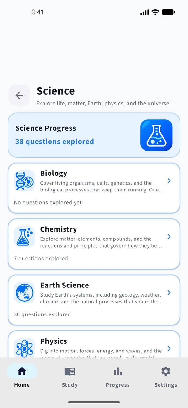 Science topics: Biology, Chemistry, Earth Science, and Physics
