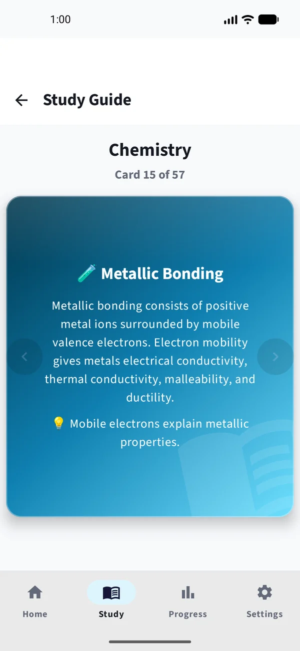 Chemistry study card explaining metallic bonding