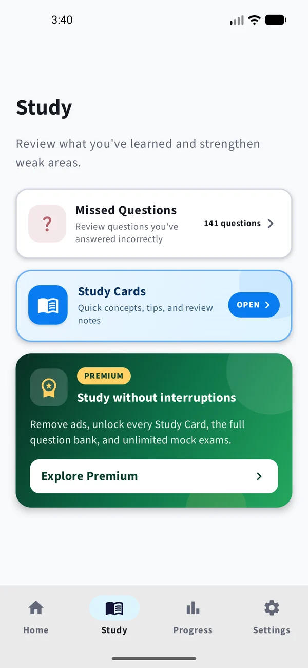 Study screen with Missed Questions, Study Cards, and Premium